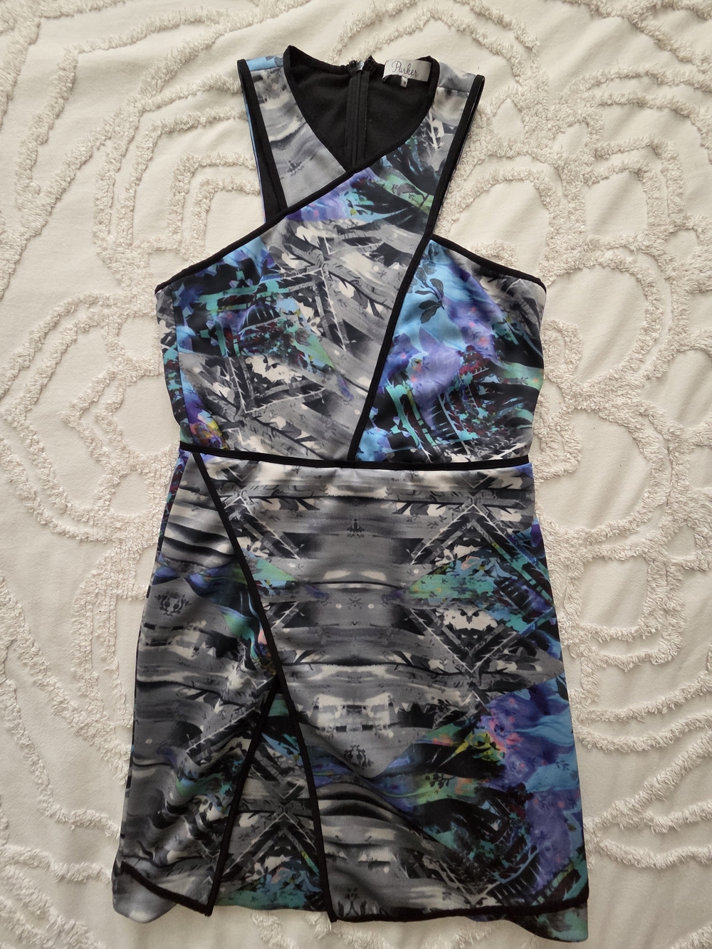 Parker Tobias Halter Mini Dress Size M Blue Abstract Kaleidoscopic Dress